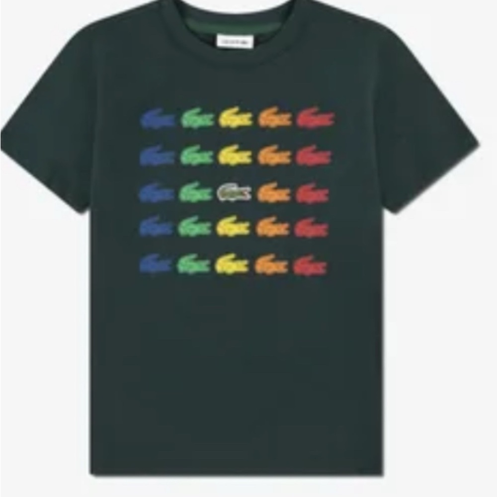 Lacoste Dark Green Tee with Rainbow Crocodile Grid